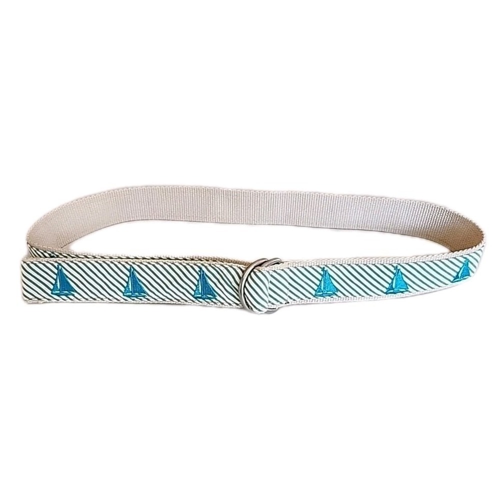 LL Bean Womens‎ D Ring Canvas Belt Size M/L Sail Boat Preppy Coastal Nautical